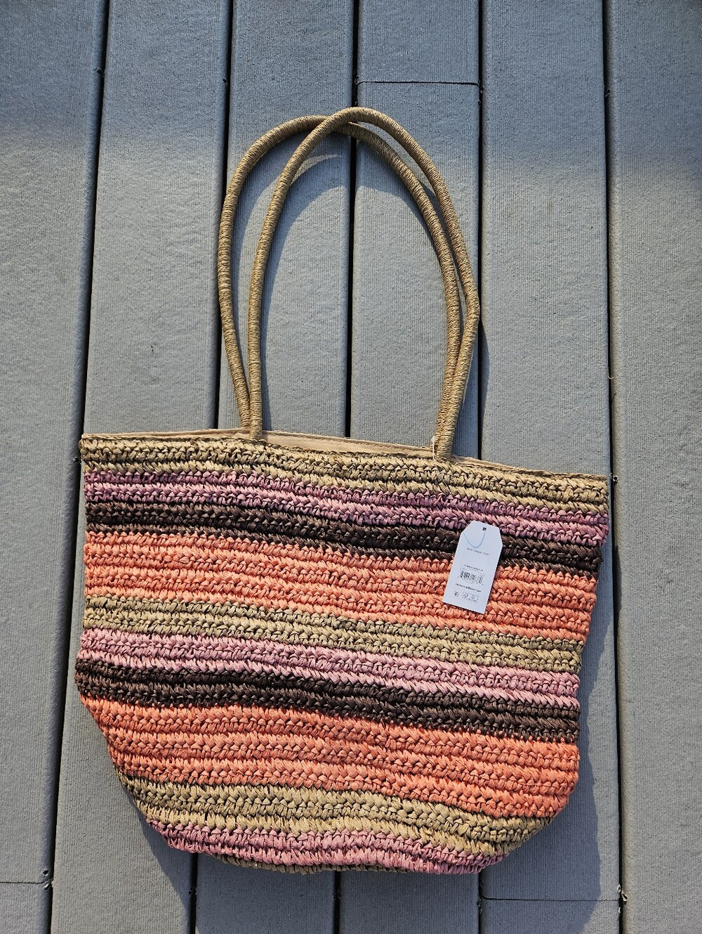 NWT Time & Tru Large Straw Beach Tote Bag Multi Stripe Pink Orange Brown...